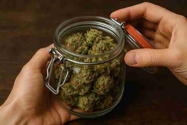 Horizontal close-up image of hands opening a glass curing jar packed with cannabis buds, demonstrating the burping process used during curing and rehydration of dry cannabis.