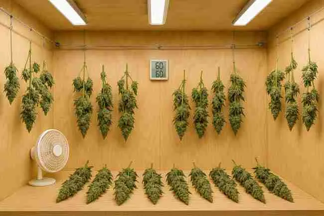 Horizontal image of cannabis branches hanging to dry in a controlled room with a digital meter reading 60°F and 60% humidity, illustrating the 60-60 rule for drying cannabis.
