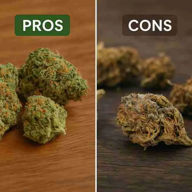 Split-screen image comparing healthy rehydrated cannabis buds labeled “PROS” to brittle, over-dried or mold-risk buds labeled “CONS,” showing the benefits and drawbacks of rehydrating cannabis.