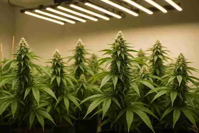 Horizontal cannabis breeding setup showing small, fast-growing plants at multiple stages