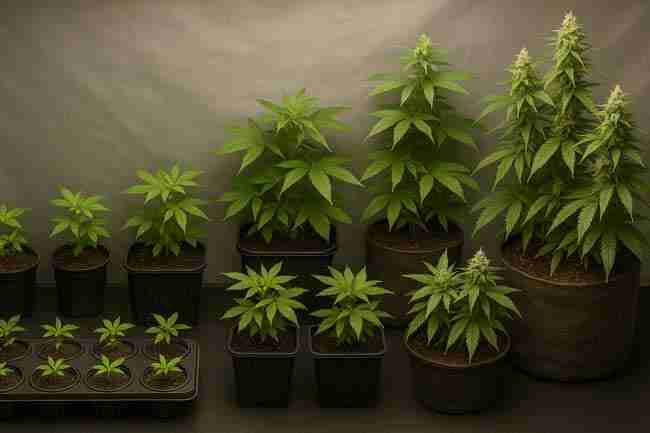Horizontal image of a streamlined indoor cannabis breeding workflow showing seedlings, young veg plants, and flowering seed plants arranged in a continuous cycle to demonstrate rapid generation cycling in speed breeding cannabis.