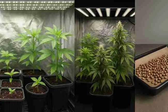 Horizontal indoor breeding workflow showing seedlings, veg plants, flowering seed plants, and harvested seeds drying on a tray, illustrating how a grower builds an in-house perpetual seed project for speed breeding cannabis.