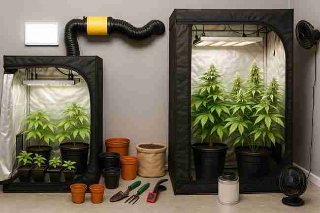 Horizontal indoor grower workspace showing a veg tent, a flower tent, LED lights, ventilation gear, pots, and tools organized to demonstrate the practical setup required for speed breeding cannabis.