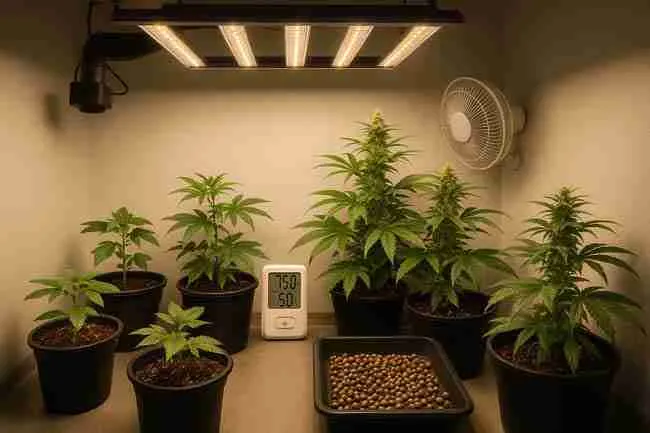 Horizontal indoor grow environment showing cannabis plants under controlled temperature, humidity, airflow, and lighting conditions, illustrating the ideal environmental specs needed for speed breeding cannabis.