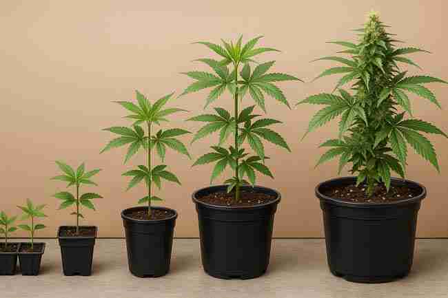 Horizontal comparison scene showing cannabis plants in different pot sizes—from small starter cells to medium and larger final pots—demonstrating how controlling root space helps manage plant size in speed breeding cannabis.