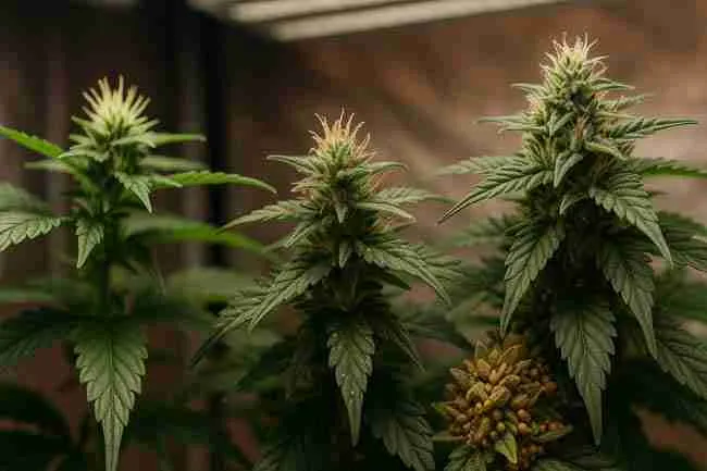 Horizontal close-up indoor breeding scene showing flowering cannabis plants with fresh pistils, selectively pollinated branches, and mature seeds forming in swollen calyxes to demonstrate proper pollination timing and seed maturity in speed breeding cannabis.