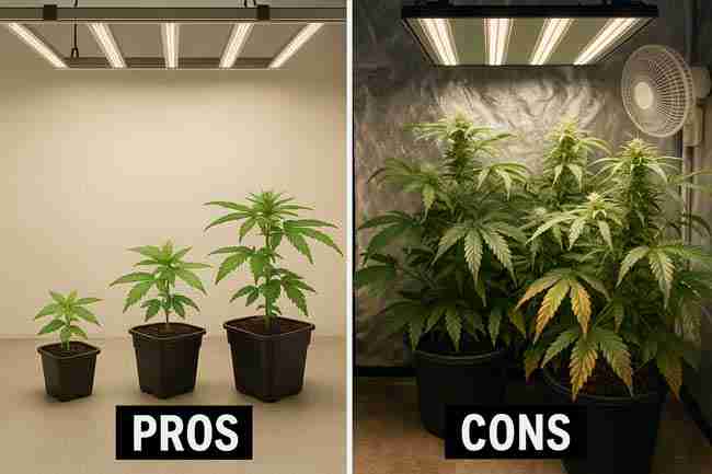 Horizontal split-scene showing two contrasting cannabis grow setups — one side highlighting fast, efficient, small plants representing the pros of speed breeding, and the other side showing stressed, overcrowded plants illustrating potential cons of speed breeding cannabis.