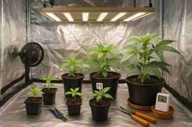 Horizontal indoor grow scene showing a tidy, well-organized cannabis breeding setup with labeled plants, proper spacing, clean tools, and healthy growth, illustrating tips to avoid common mistakes in speed breeding cannabis.