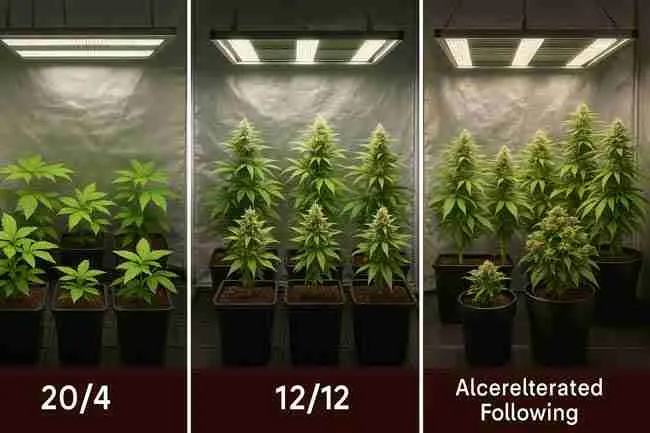 Horizontal side-by-side cannabis grow scene comparing normal growing (large, slow-developing plants) versus speed breeding cannabis (smaller, faster, seed-focused plants), visually illustrating the differences shown in a comparison table.