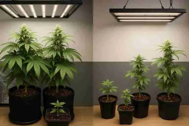 Horizontal side-by-side cannabis grow scene comparing normal growing (large, slow-developing plants) versus speed breeding cannabis (smaller, faster, seed-focused plants), visually illustrating the differences shown in a comparison table.