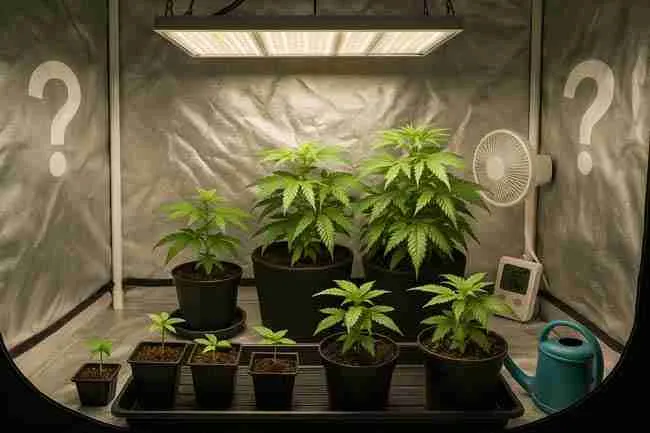 Horizontal indoor cannabis scene showing multiple small plants at different stages with question-mark shaped light reflections and a clean, organized grow setup, visually representing common questions growers have about speed breeding cannabis.