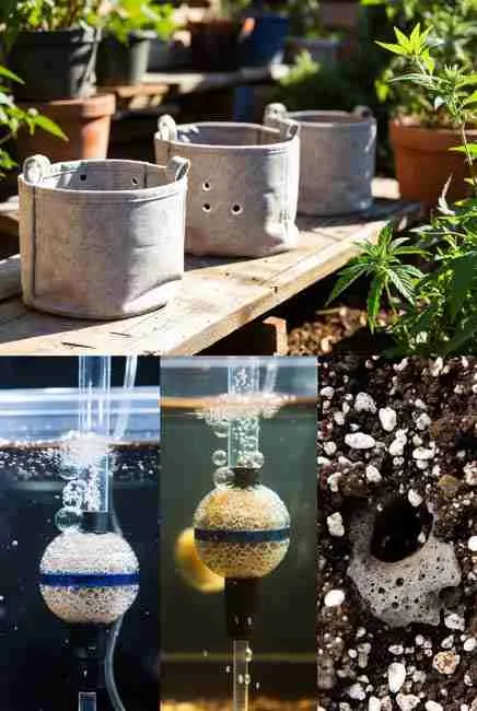 Collage showing fabric pots for air pruning, bubbling air stones in hydro reservoir, perlite-amended soil mix, and raised beds – essential tools to boost cannabis root oxygenation and root zone aeration cannabis