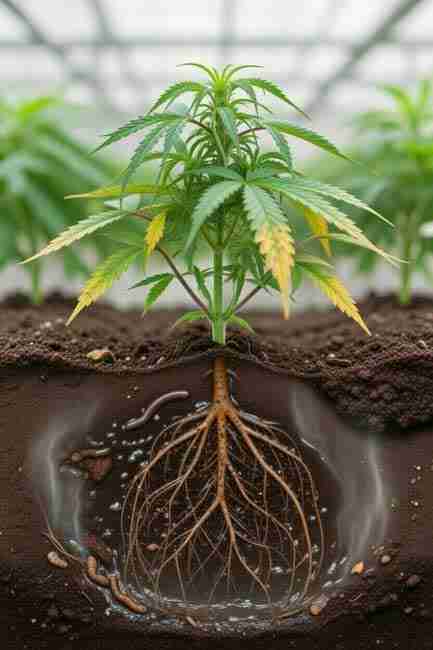 Unpruned root-bound cannabis roots circling tightly inside plastic pot, showing poor oxygenation and compaction issues – contrast to air-pruned roots for better cannabis root oxygenation and healthier grows