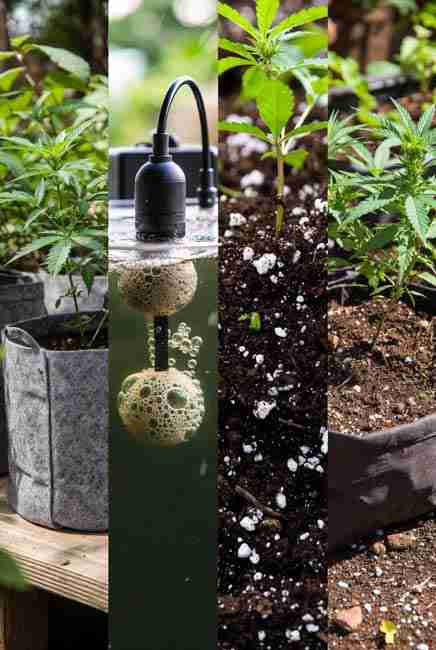Cannabis plants growing in different growing systems showing oxygenated roots in all the different systems