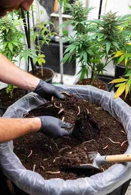 "Harvesting worm castings every few months for steady supply: hands transferring rich vermicompost from bin to cannabis pots – perfect alignment of worm bins for cannabis cycles with vegetative tea and flowering castings-heavy mixes from Green Avenger Seeds"