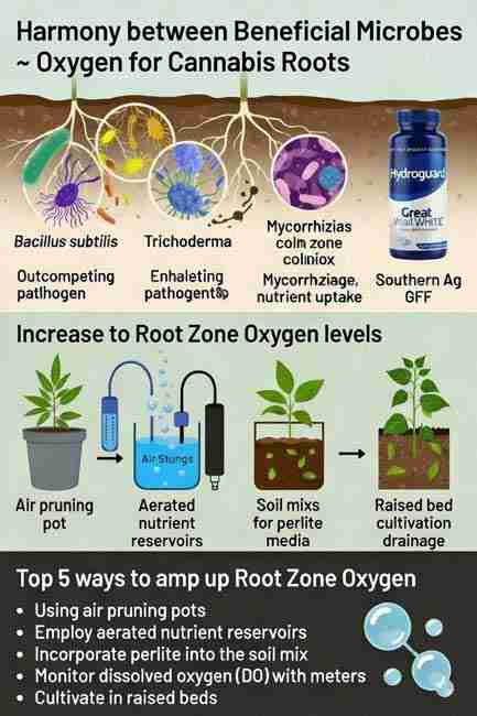 Infographic: beneficial microbes (Bacillus subtilis, Trichoderma, mycorrhizae) in oxygenated cannabis root zone with Hydroguard, Great White, Southern Ag GFF, and top 5 ways to increase root zone aeration cannabis