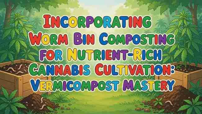 "Vibrant cannabis plant growing in wooden raised bed with rich dark soil and colorful bubble text title 'Incorporating Worm Bin Composting for Nutrient-Rich Cannabis Cultivation: Vermicompost Mastery' – ideal for vermicompost growing cannabis seeds"
