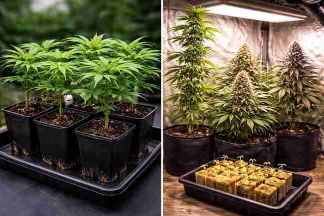 Side-by-side comparison of uniform cannabis clones versus varied seed-grown plants illustrating clone vs seed yield differences