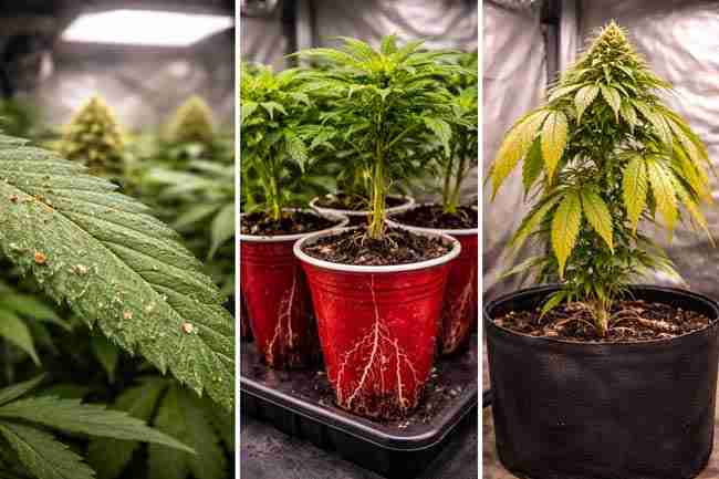 Close-up visuals of cannabis clone problems including pests, weak root development, and nutrient stress affecting yield