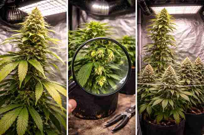 Seed-grown cannabis plants showing light stress, sex identification issues, and uneven canopy growth common in small tents