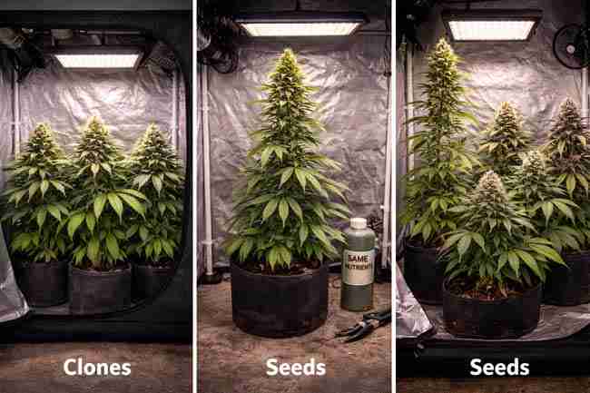 Comparison of uniform clone-grown cannabis plants versus uneven seed-grown plants illustrating yield stability differences
