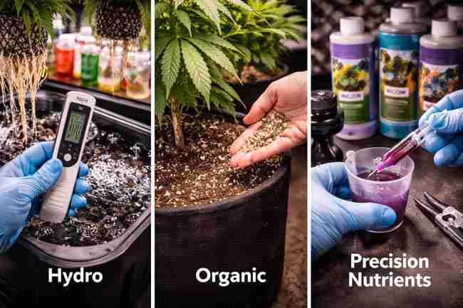 Hydroponic, organic soil, and precision nutrient feeding methods used for cannabis plants in controlled indoor grows