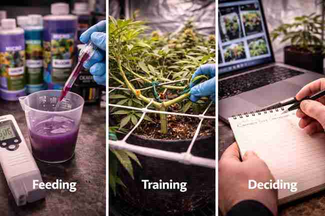 Cannabis grower mixing nutrients, adjusting plant training, and planning next steps for a small tent grow setup