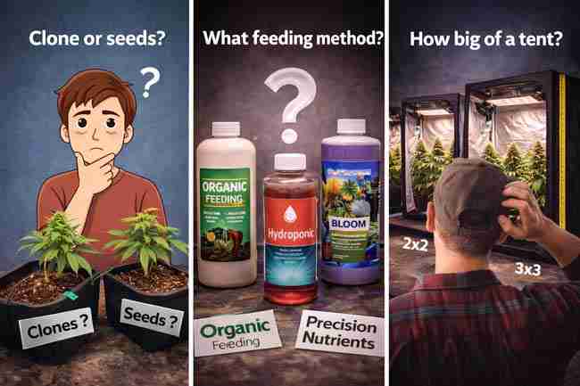 Grower weighing clone versus seed choices, feeding methods, and tent sizes when planning a small indoor cannabis grow