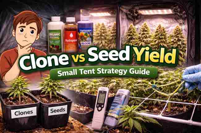 Featured image showing clone vs seed yield comparison in a small grow tent with cannabis plants, feeding tools, training techniques, and decision-making elements