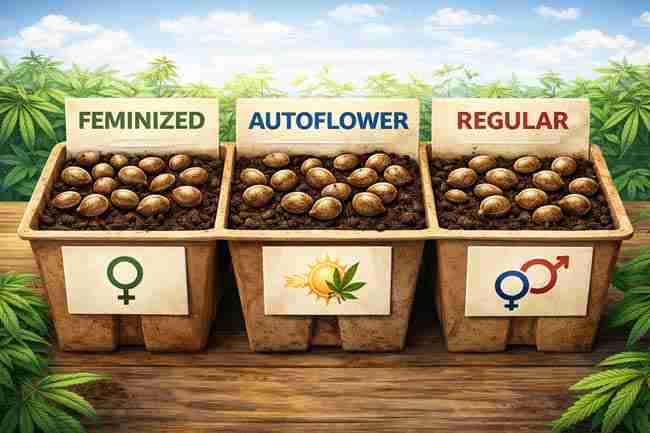 Cannabis seeds USA seed type comparison showing feminized, autoflower, and regular seeds in labeled trays