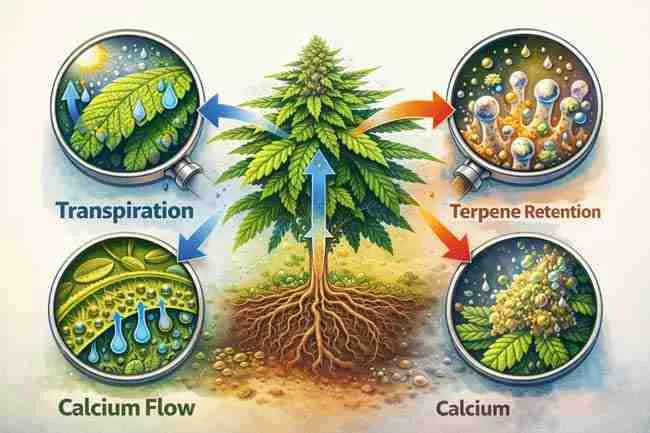 Educational illustration showing cannabis leaf transpiration, moisture movement, and vapor pressure deficit cannabis effects on nutrient and terpene transport