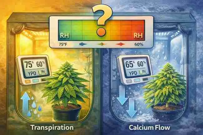 Side-by-side cannabis grow tents showing different temperature and humidity combinations explaining why RH alone misrepresents VPD cannabis conditions