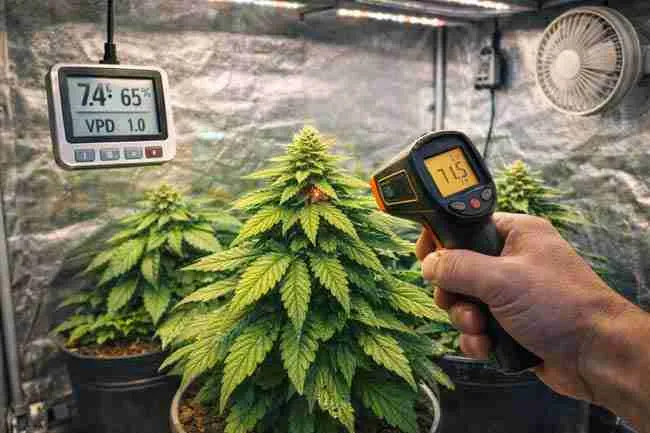 Photorealistic grow tent scene showing cannabis plants with digital VPD monitor and infrared thermometer demonstrating practical VPD cannabis control