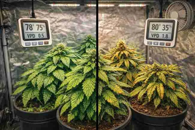 Split image of healthy and stressed cannabis plants inside grow tents showing visual signs of incorrect vapor pressure deficit cannabis levels