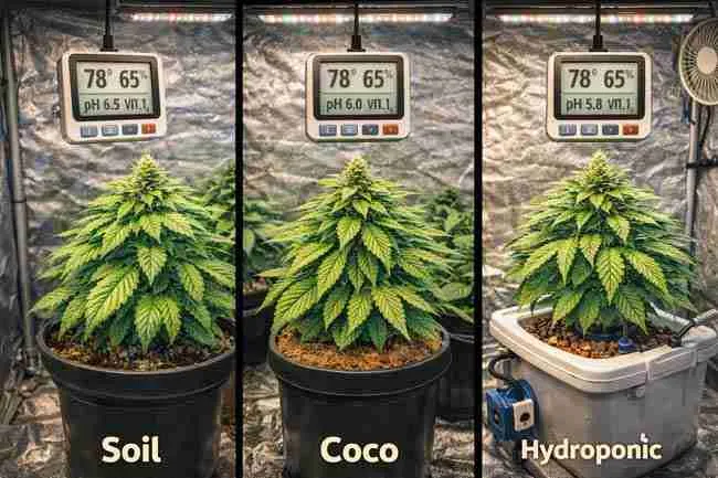 Side-by-side soil coco and hydroponic cannabis plants with environmental monitors illustrating VPD cannabis differences across grow mediums