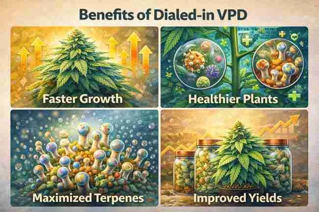 Photorealistic indoor cannabis grow tent displaying humidifier dehumidifier fans and VPD monitor used to control vapor pressure deficit cannabis pros and cons