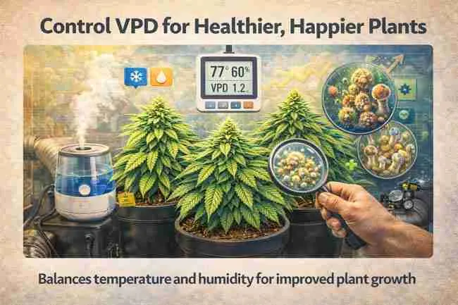 Photorealistic cannabis grow room example demonstrating balanced cannabis humidity temperature balance using VPD monitoring equipment