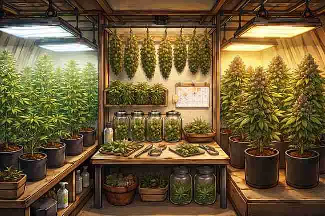 Perpetual Harvest cannabis grow showing vegetative plants, flowering plants, drying buds, and curing jars in a continuous cycle