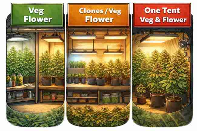 This image compares common Perpetual Harvest layouts, including a two-room veg and flower setup, a three-stage clone-to-flower system, and a single-tent mixed grow for small spaces.