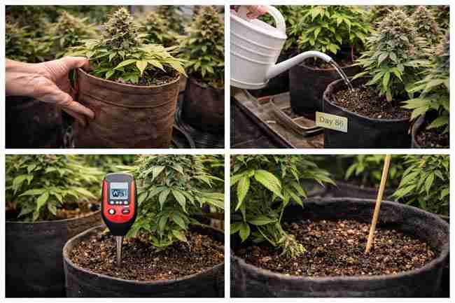 This image shows a simple manual test of soil dryness, reinforcing the idea of harvesting when the medium is slightly dry rather than soaked.