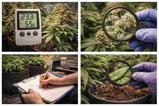 Holding a dense trichome-covered cannabis cola at peak harvest readiness in a Perpetual Harvest