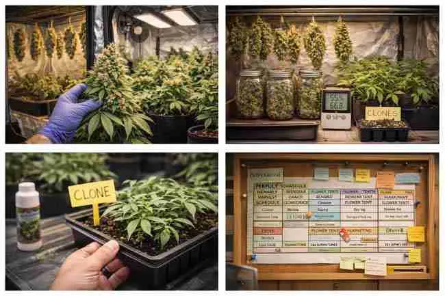 Perpetual Harvest cannabis grow showing vegetative plants, flowering plants, drying buds, and curing jars inside an organized indoor grow tent
