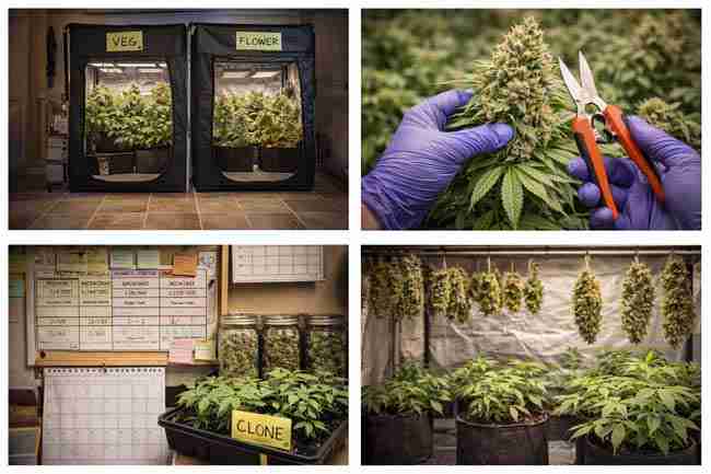 Perpetual Harvest cannabis setup with separate veg and flower tents, staggered harvest schedule, drying buds, and curing jars in an indoor grow room