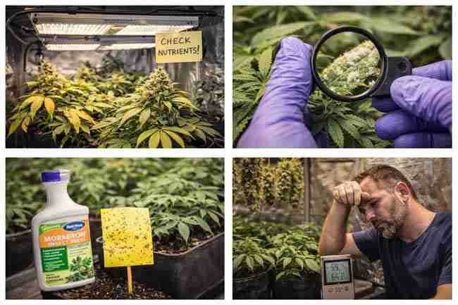 Perpetual Harvest cannabis grow room showing veg and flower stages, drying buds, curing jars, and a staggered harvest workflow checking for IPM issues and bugs