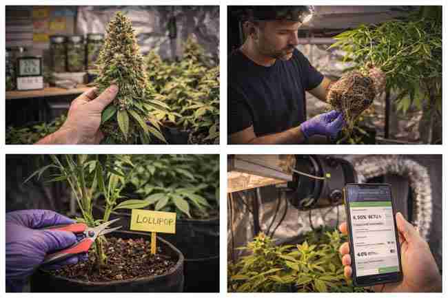 a grower tending to his perpetual cannabis garden using different tools and using a phone to plan his veg time