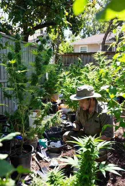 Creating custom strains at home: cultivator in outdoor backyard carefully bagging pollinated female cannabis branch to contain pollen mess, surrounded by healthy green cannabis plants in pots, demonstrating selective pollination technique for home cannabis breeding and DIY cannabis genetics beginners
