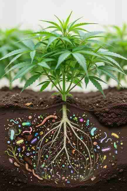 Cannabis seedling with vibrant colorful beneficial microbes, bacteria, and mycorrhizae colonizing healthy roots in rich soil, highlighting soil biology and root zone aeration cannabis