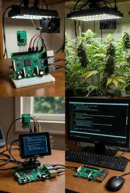 DIY Raspberry Pi IoT setup for cannabis grow showing Pi board, DHT22 temp/humidity sensor, Python automation scripts, Home Assistant dashboard, and dense buds under LEDs for budget automation for cannabis grow