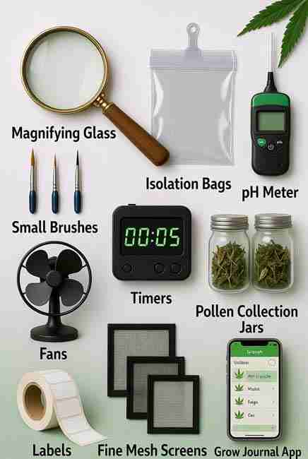 Tools for home cannabis breeding infographic: correctly labeled magnifying glass, small brushes, isolation bags, pH meter, timers, fans, pollen collection jars, fine mesh screens, labels, and grow journal app for DIY cannabis genetics and crossbreeding