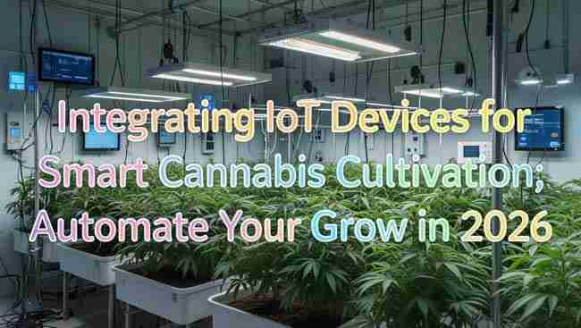 Modern indoor cannabis grow room with IoT sensors, LED lights, and real-time monitoring screens for smart cannabis cultivation and automation